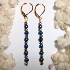 Blue and Gold Earrings, Blue Pearl Earrings, Blue Dangle Earrings, Earrings 7770